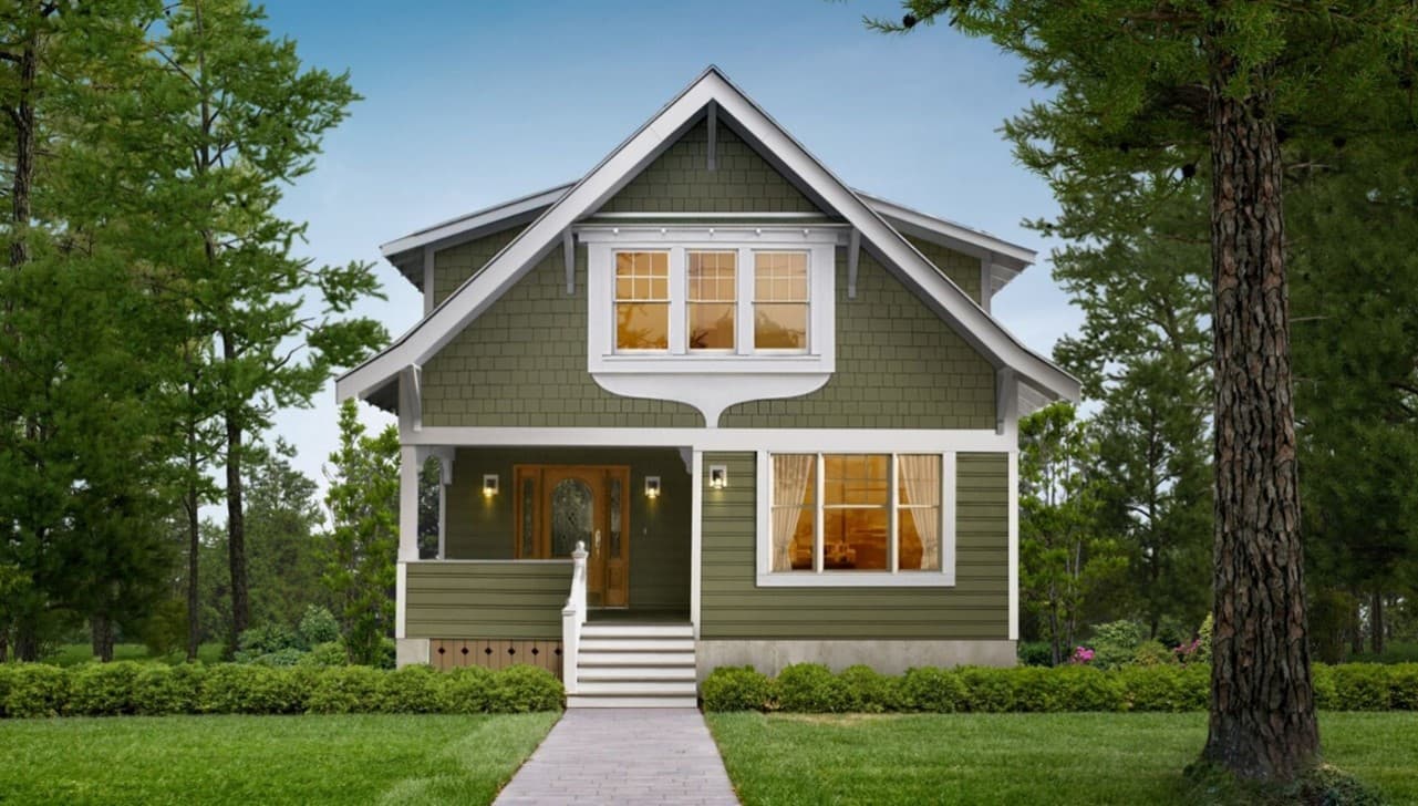 House featuring both shingle and lap siding in Mountain Sage, a muted green.