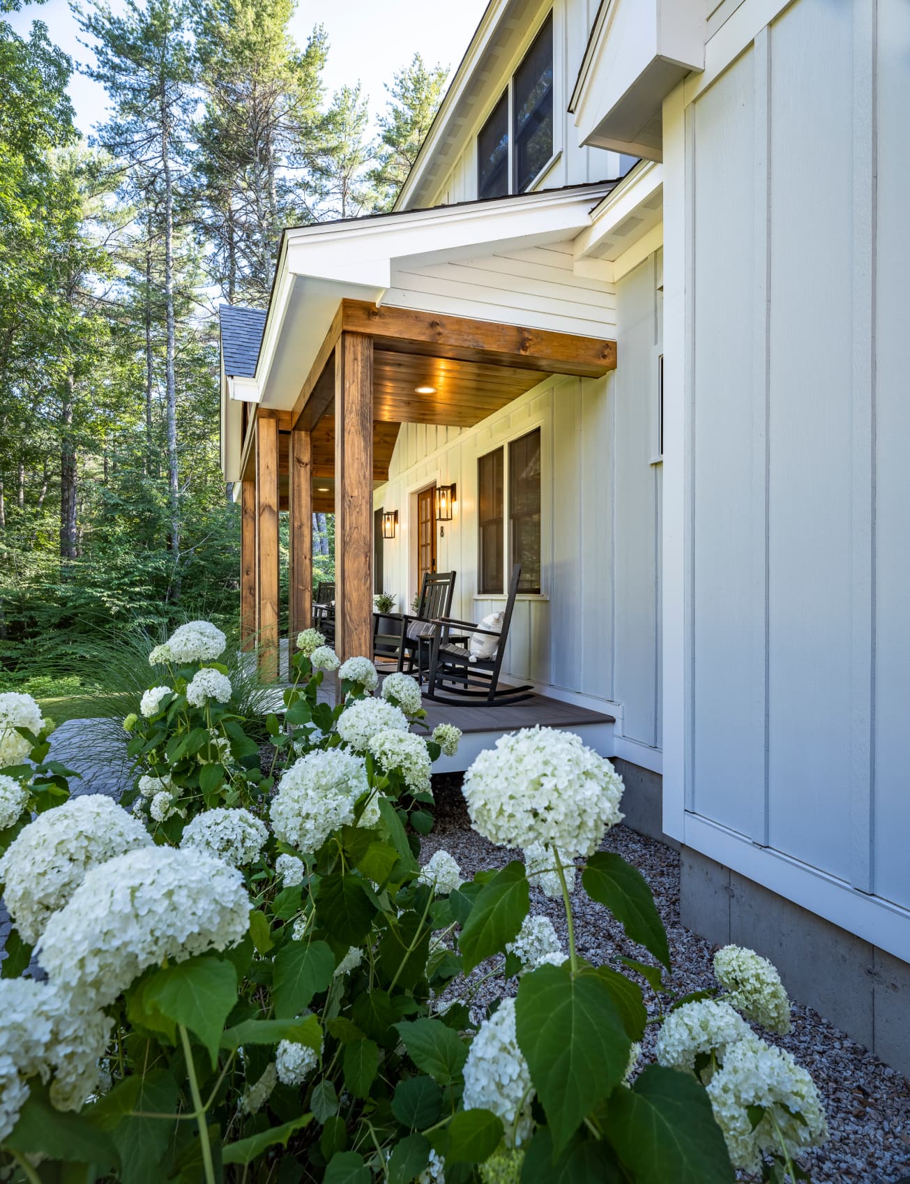 hydrangea-porch-detail-farmhouse-hardie-panel-trim-arcticwhite hydrangea and porch detail farmhouse hardie panel and trim in arctic white